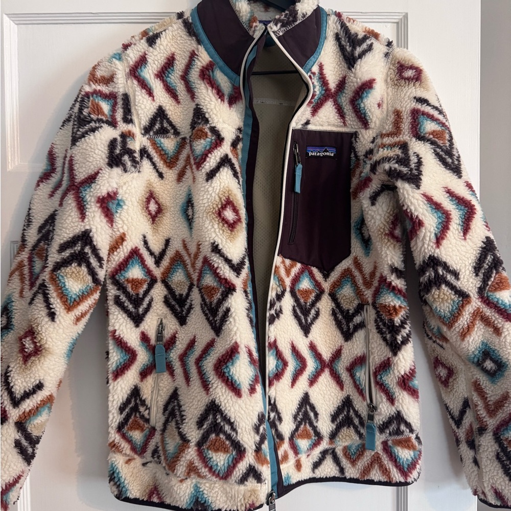 Patagonia XS Fleece Jacket with Purple and Blue Logo Trim